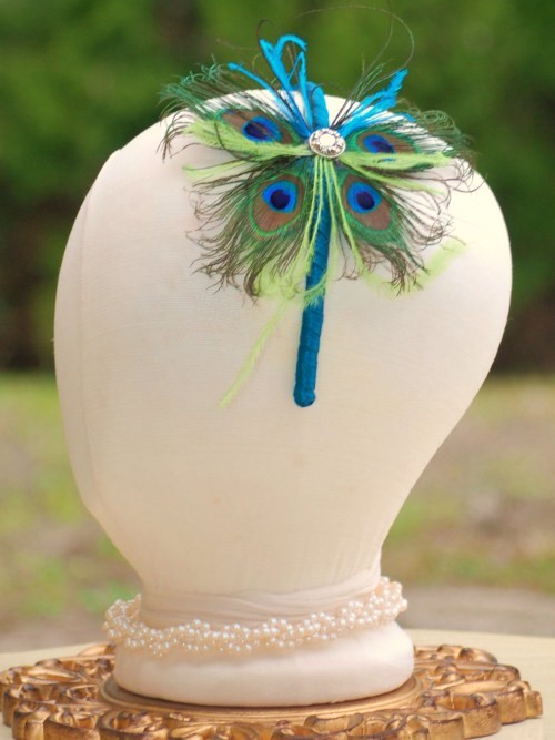 Hochzeit - Butterfly Headband Fascinator Peacock & Ostrich Feathers, Fashionista Statement, Spring Holidays, Blue Emerald Sapphire Teal Turquoise Green