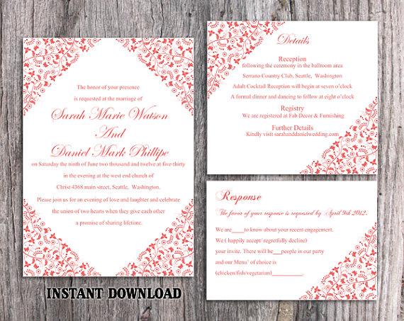 Wedding - DIY Wedding Invitation Template Set Editable Word File Instant Download Printable Flower Invitation Red Wedding Invitation Floral Invitation