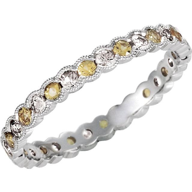 Wedding - 14kt Round Eternity Wedding Band White Gold Ring Hand Engraved Yellow Sapphire and Diamond Engagment