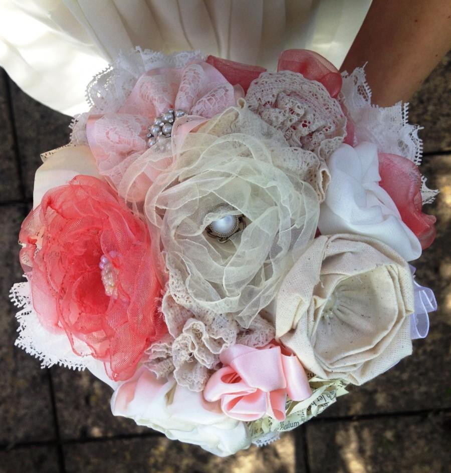زفاف - 8" Shabby Chic Bridal Bouquet ~ Ivory and Dusty Pink Fabric Flower Bouquet ~ with brooch, pearl and bead decor