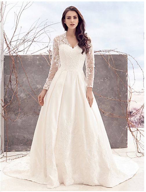 Wedding - Plus Size Ling Sleeve Lace Boho Wedding A Line Plus Size Wedding Dress