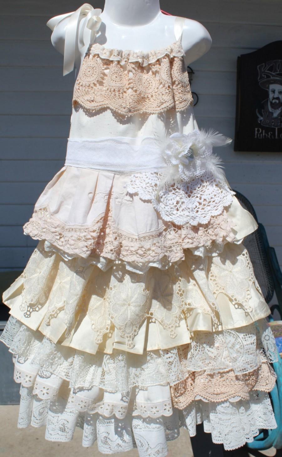 Mariage - boho, rustic,wedding, flower girl dress, size 5, 6 and 7, vintage layers ruffles,ribbon tie shoulders,cream, ivory, silk,lace,cotton,calico