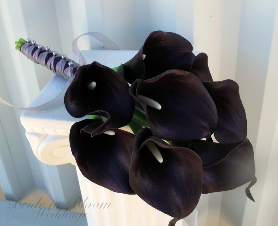 Hochzeit - Calla lily Wedding bouquet plum black real touch Bridal bouquet