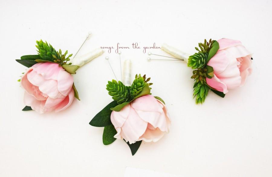 Hochzeit - Pink Peony Boutonnieres - Hops and Eucalyptus Accents -  Groom Groomsmen Boutonnieres Prom Homecoming Boutonniere