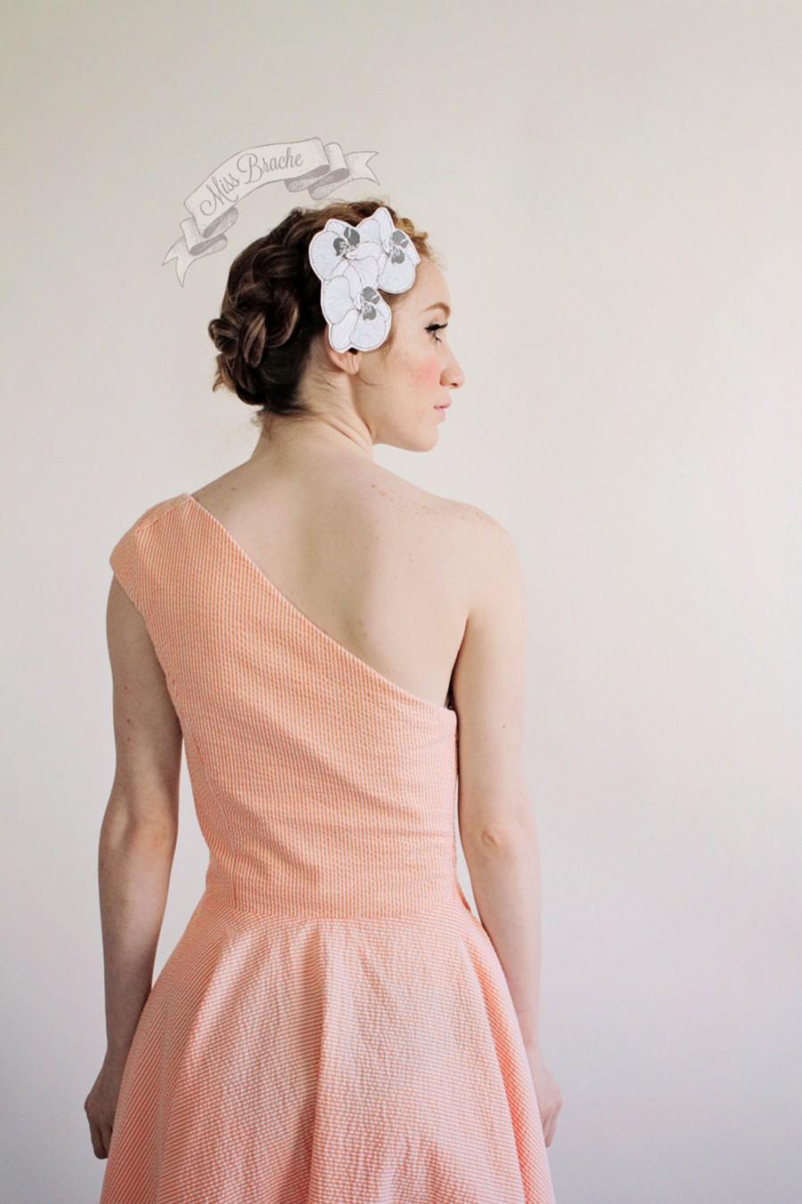 Wedding - Seersucker One Shoulder Dress "Marnie" Asymmetrical Dress with Princess Seams and Off the Shoulder Sample Sale