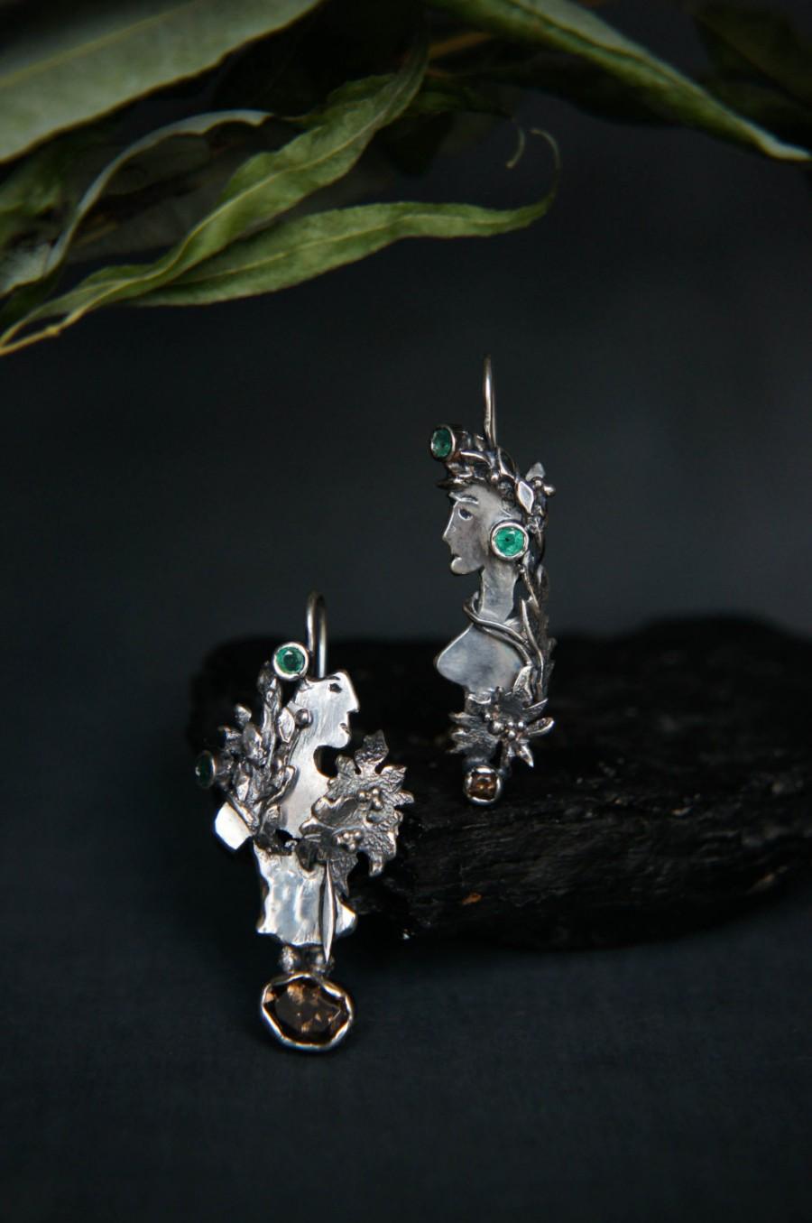 زفاف - Mismatched earrings, sterling silver earrings, modern earrings, emerald earrings, contemporary jewelry, unique earrings, designer jewelry