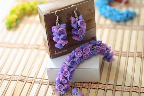 زفاف - Polymer clay jewelry set Dangle earrings bracelet Purple flower earrings bracelet Floral jewelry Flower jewelry Summer gift Pink jewellery