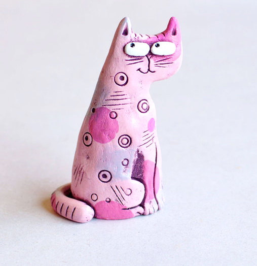 Wedding - Cat clay figurine pottery toy cat figurine Gift kids pet clay kitten toy cat clay doll cats miniature garden figure pink cat doll cute toy