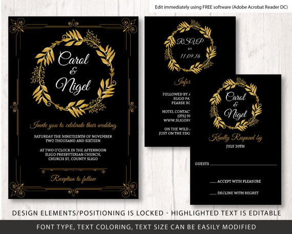 Wedding - gold and black wedding invite template, wedding invite template, printable wedding invitation set, black gold wedding invitation template