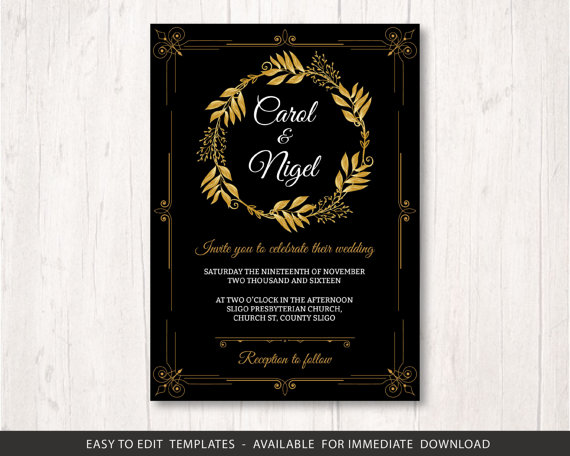 Свадьба - gold black wedding invite template set, printable wedding invitation set, golden black wedding invitation template, gold wedding template