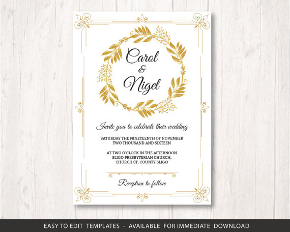 Hochzeit - gold wedding invite template, printable wedding invitation set, golden wedding invitation template, gold wedding invite template stationery