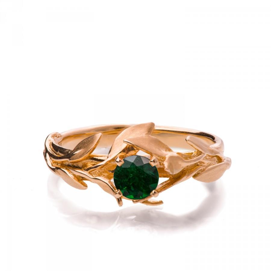 Hochzeit - Leaves Engagement Ring No.4 - 18K Rose Gold and Emerald engagement ring, engagement ring, leaf ring, antique, art nouveau, May Birthstone