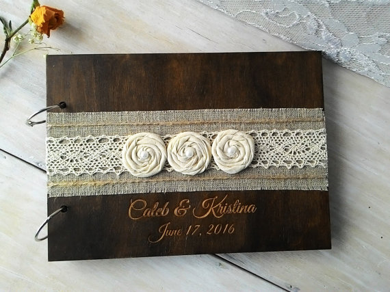 Свадьба - Wedding Guest Books Burlap Lace Rustic Guest book, Wooden guestbook, Laser engraved Wood Guest Book, Custom Guest Book