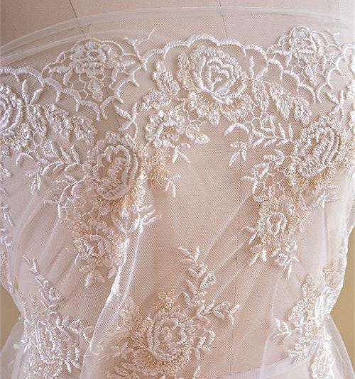 زفاف - Sequin Embroidery Lace Fabric, Wedding Lace Fabric, Gold Thread Lace Fabric, 51 inches Wide for Dress, Costume, Craft Making, 1/2 Meter