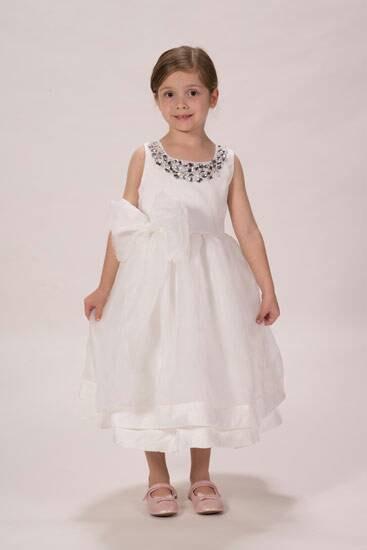 زفاف - White Elegant Satin Tulle Flower Girl Christening Baptism Dress with BOW and Jewelled Neckline