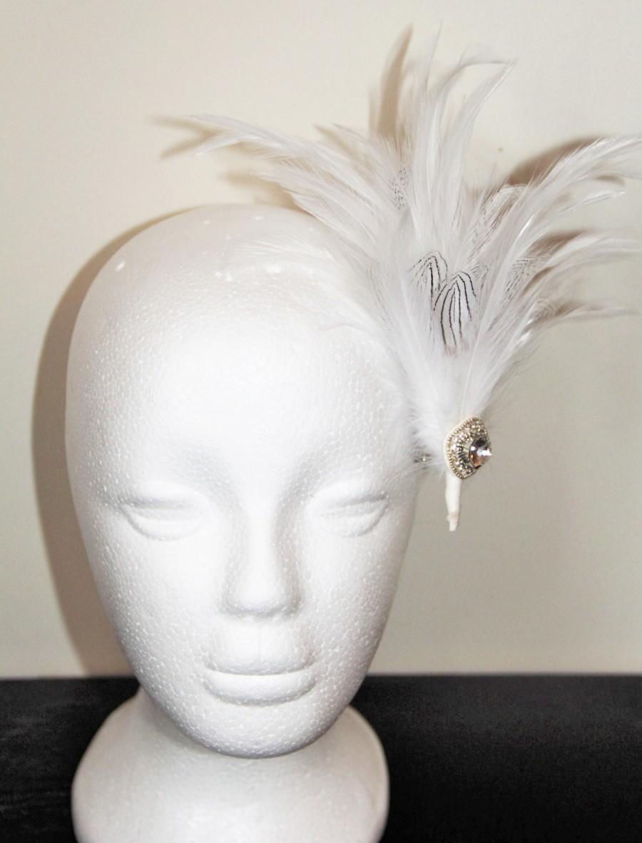 زفاف - White 1920s style feather hair clip, wedding hair clip, bridal hair clip, crystal hair clip, Great Gatsby hair clip, fascinator
