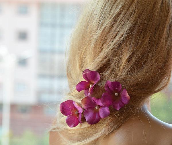 Wedding - Purple Flower Hair Pins, Wedding Hair Accessories for Bridesmaids. Handmade Fabric Flower Floral Bobby Pin.