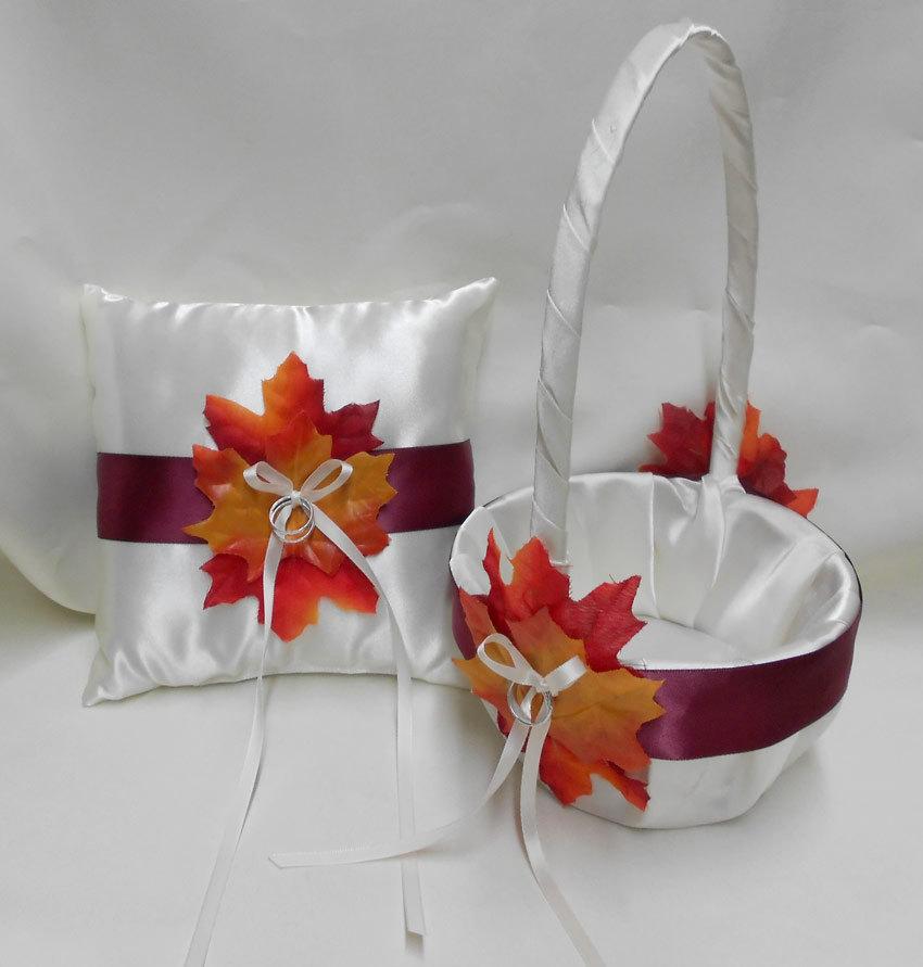 Свадьба - Wedding Accessories Fall Ivory Burgundy Flower Girl Basket Ring Bearer Pillow Your colors
