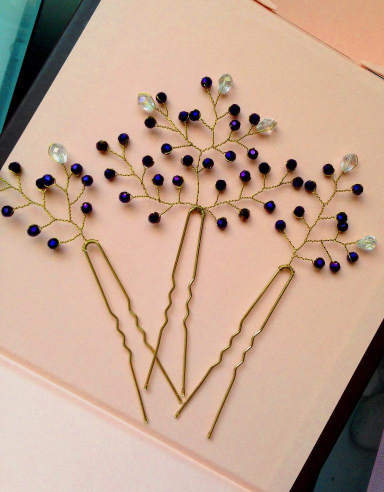 Wedding - Bridal Hair Pins, dark purple Hair Pins, Formal Hair Pins,Wedding Hair piece, Ivory Pearl Hair Pins, Set of 3