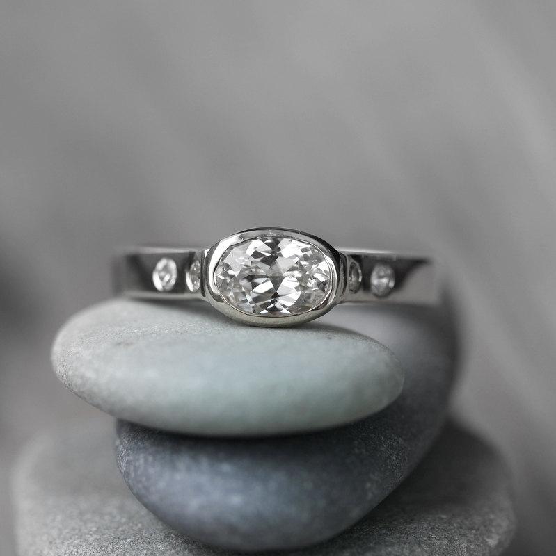 زفاف - White Sapphire White Gold Engagement Ring, 14k Palladium White Gold Conflict Free and Natural Sapphire Artisan Wedding Ring, Eco Friendly