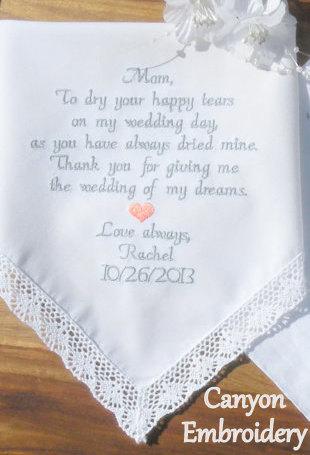 Mariage - Embroidered Wedding Handkerchief Mother of the Bride Embroidered Wedding Gift For Mom Mother of the Bride Handkerchief By Canyon Embroidery