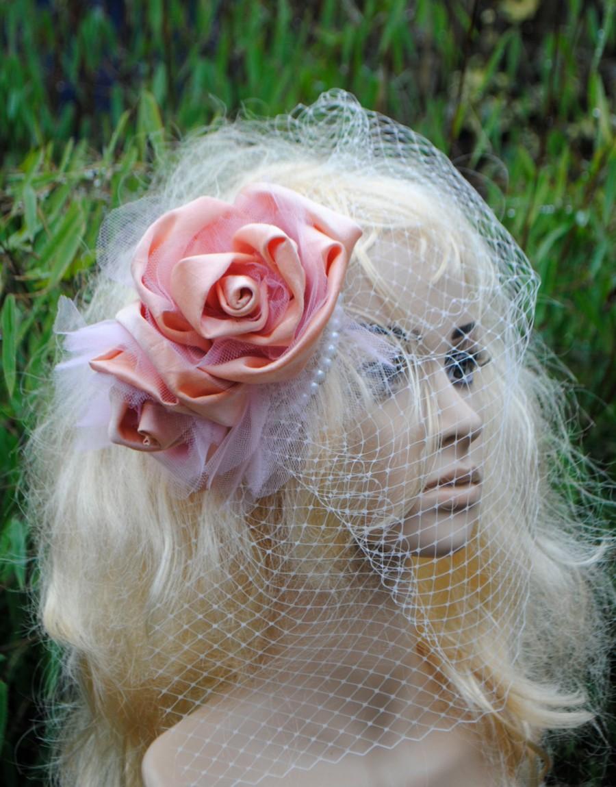 Hochzeit - Bridal headpiece peach pink rose garland with birdcage veil