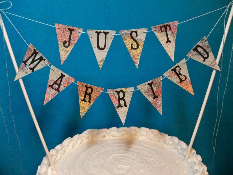 زفاف - Just Married Cake Topper Banner, Wedding Map Bunting, Destination Wedding Garland, Travel