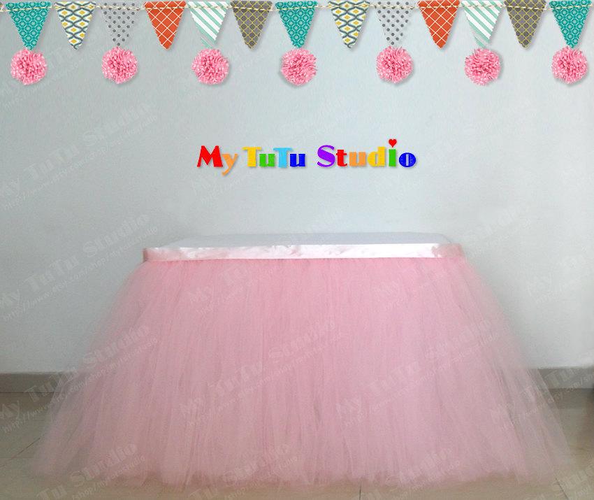 زفاف - Pale Pink Tulle Table Skirt Table TuTu for Baby Shower, First Birthday Party, Sugar & Spice, Pink Princess Party TSK01020