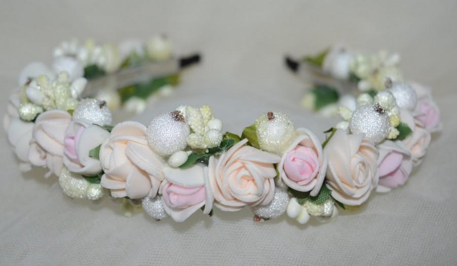 Wedding - White and Peach Bridal Flower Crown, Wedding Hair Wreath, Ivory Hair Accessories, Gift idea, Bridal Halo, Wedding Crown, Flower Halo