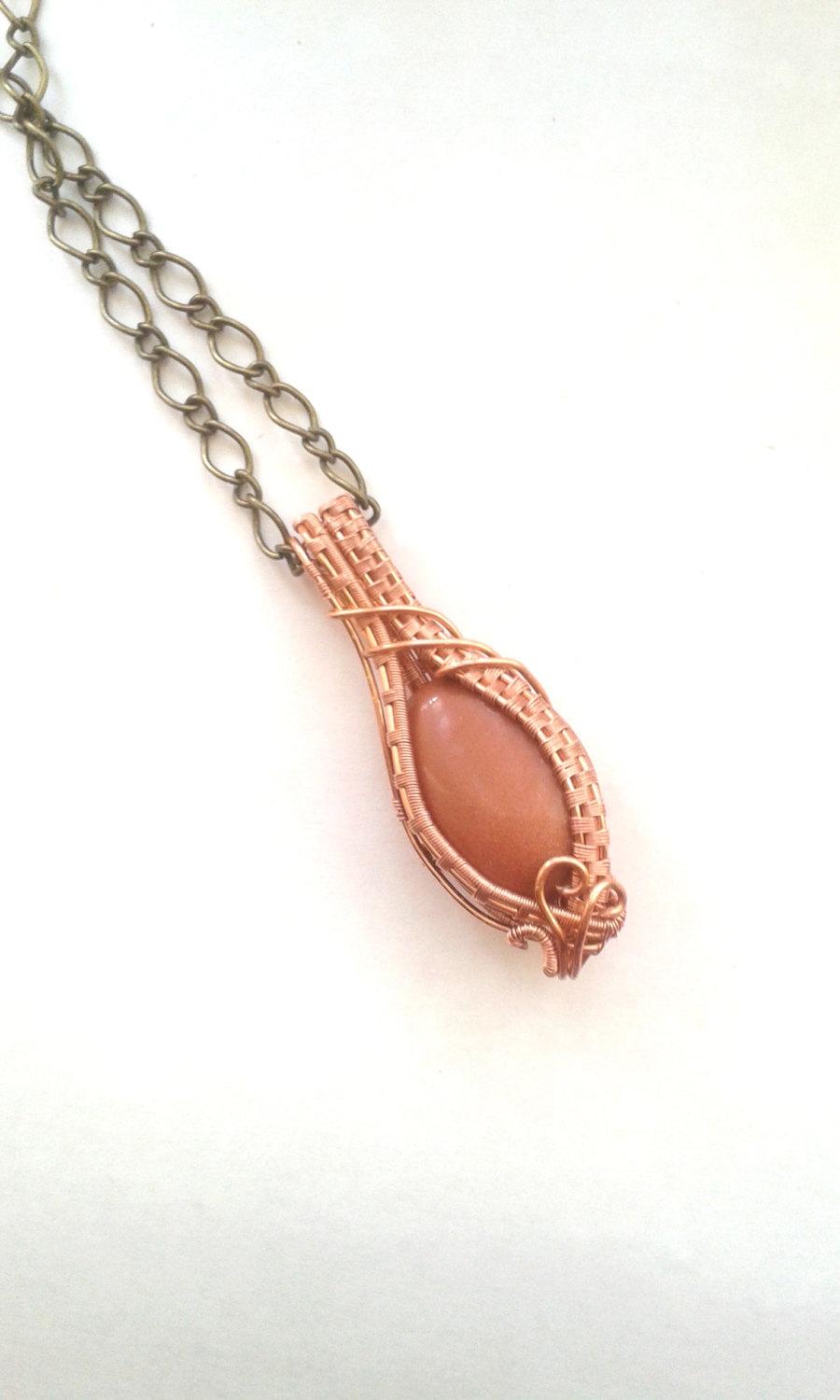 زفاف - Goldstone Necklace, Wire Wrapped Copper Goldstone Pendant, Wire Wrapped Stone Jewelry, Gemstone Pendant, Semi Precious Brown Sandstone Gift