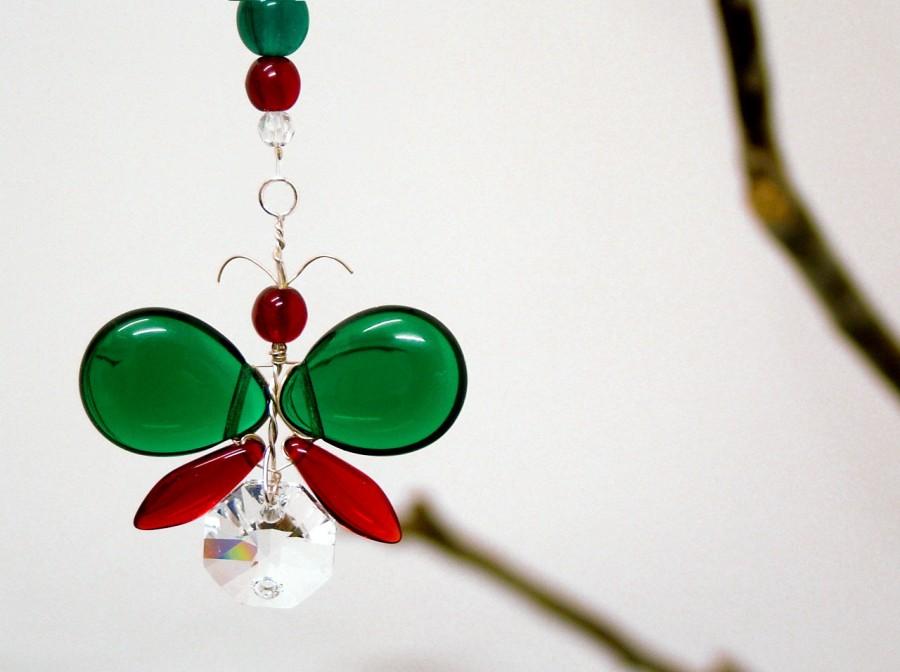 Свадьба - Red Christmas Ornament Rear View Mirror Charm Green Butterfly Hanging Swarovski Crystal Suncatcher Car Charm Butterfly Decor Window Kid Gift
