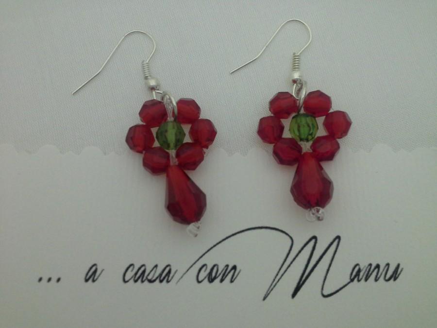 زفاف - Orecchini splendenti a fiore con perle rosse e verdi orecchini - Bead Earrings - Red - fatti a mano - fatti in Italia