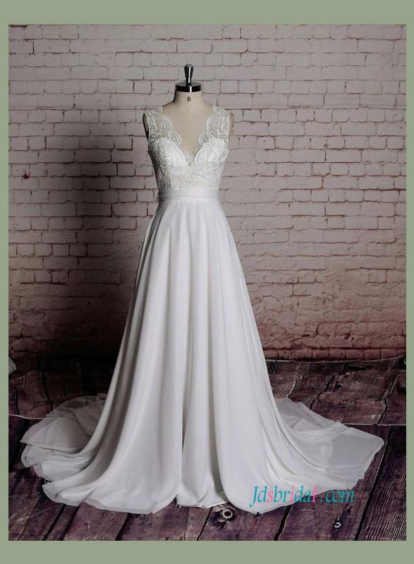 زفاف - H1440 Romance Illusion lace v open back chiffon beach wedding dress