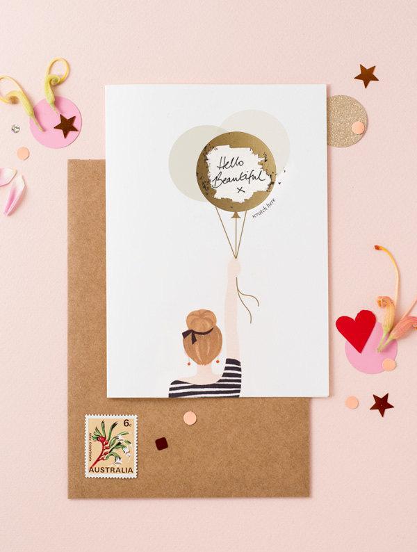 زفاف - Will You Be My Bridesmaid Scratch Off Card - Personlized Message - Girl With Gold Balloons - Bun Hair Blonde