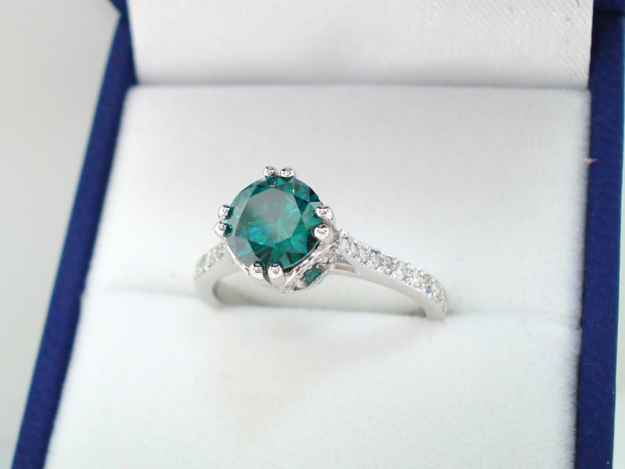 Hochzeit - Fancy Green Diamond Engagement Ring 14K White Gold 1.35 Carat Handmade Unique Pave Set Certified