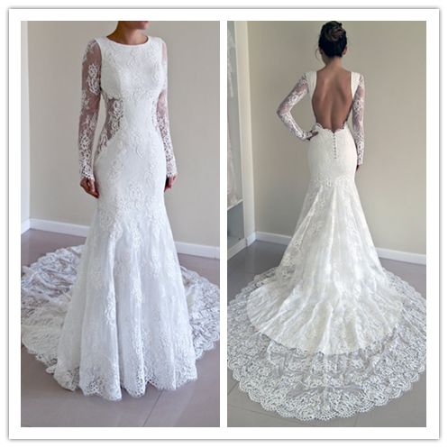 Hochzeit - Mermaid Long Sleeves White Lace Wedding Dress 