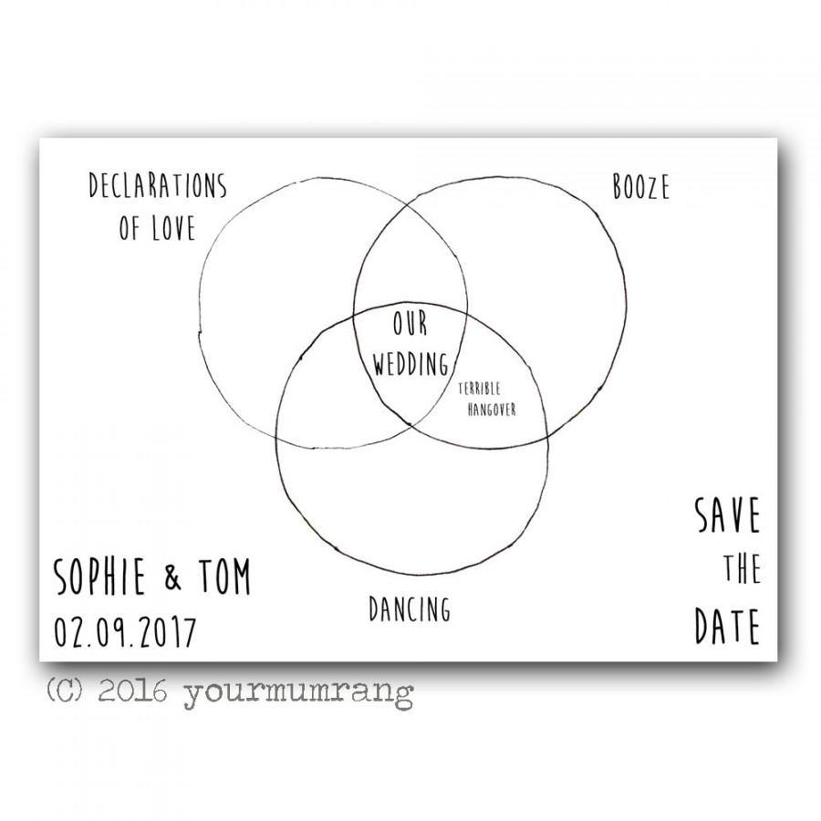 Hochzeit - Printable Save the Date postcard . Funny venn diagram . Quirky unusual hipster wedding stationery . British humour . Digital file download