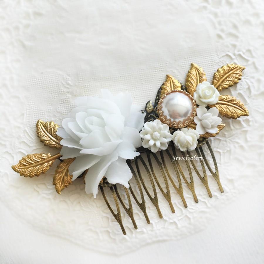 Hochzeit - White Wedding Bridal Hair Comb Vintage Style Flower Hair Slide with Gold Leaves Romantic Victorian Headpiece Hair Adornment JW