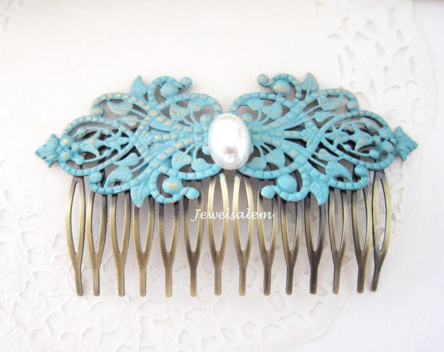 Hochzeit - Wedding Hair Comb Blue Turquoise Hair Slide with Pearl Bridal Headpiece Maid Of Honor Bridesmaid Gift Customised Romantic Hair Pin