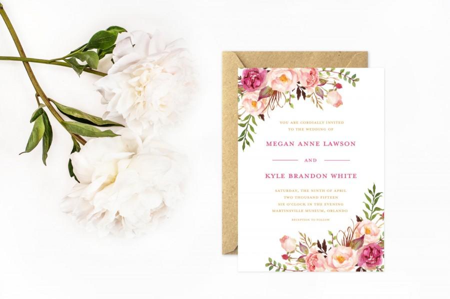 Mariage - Boho Wedding Invitations, Hand Painted Flower Invitations, Rose Pink, Blush Pink and Gold