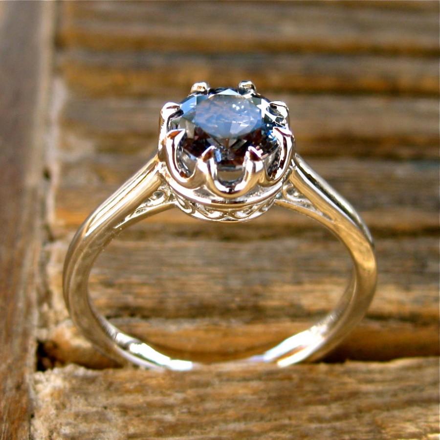 زفاف - Steel Blue Spinel Engagement Ring in Platinum with Scroll and Basket Style Setting Size 8