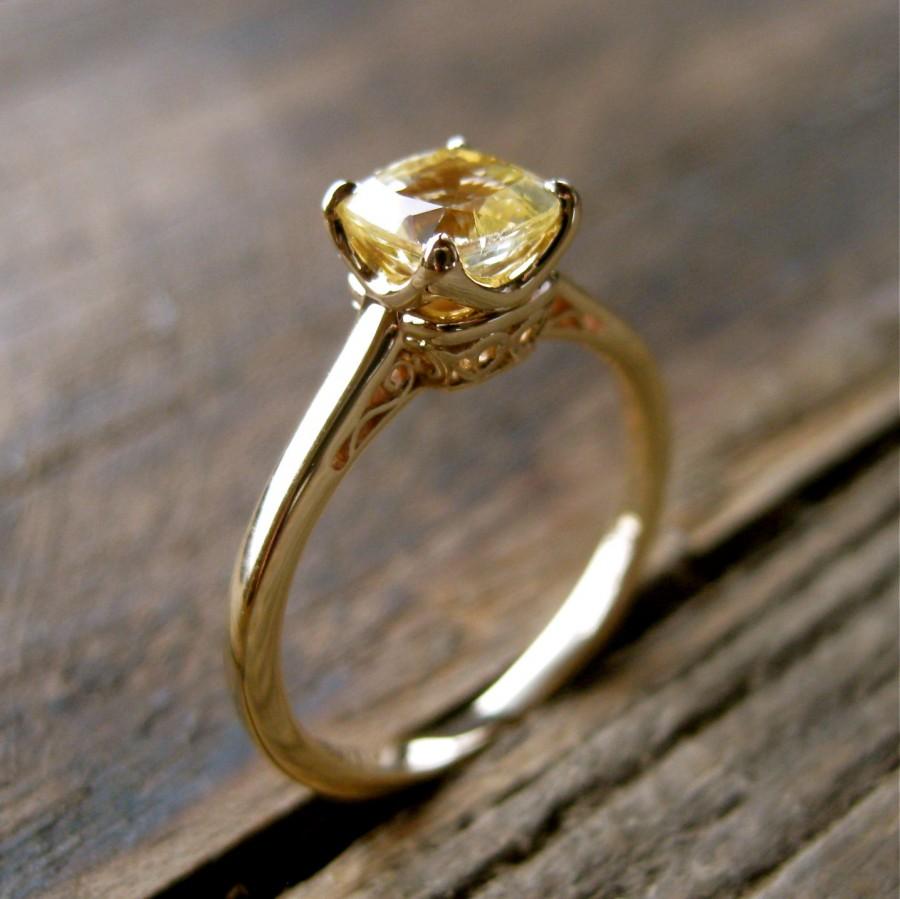 Mariage - Cushion Cut Yellow Sapphire Engagement Ring in 14K Yellow Gold with Scrolls on Custom Made Basket Size 7