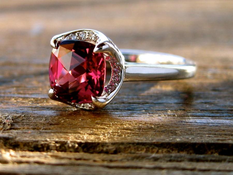 Hochzeit - Marsala Red Garnet Engagement Ring in 14K White Gold with Diamonds and Scroll Detail Size 5