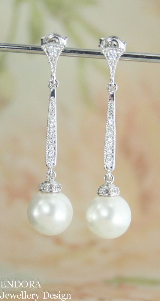 Mariage - Pearl Earrings, Freshwater Pearl Earrings, Wedding Jewelry, Dangle Pearl Earrings, Pearl Earrings Bridesmaid, Rhinestone, Drop, Teardrop