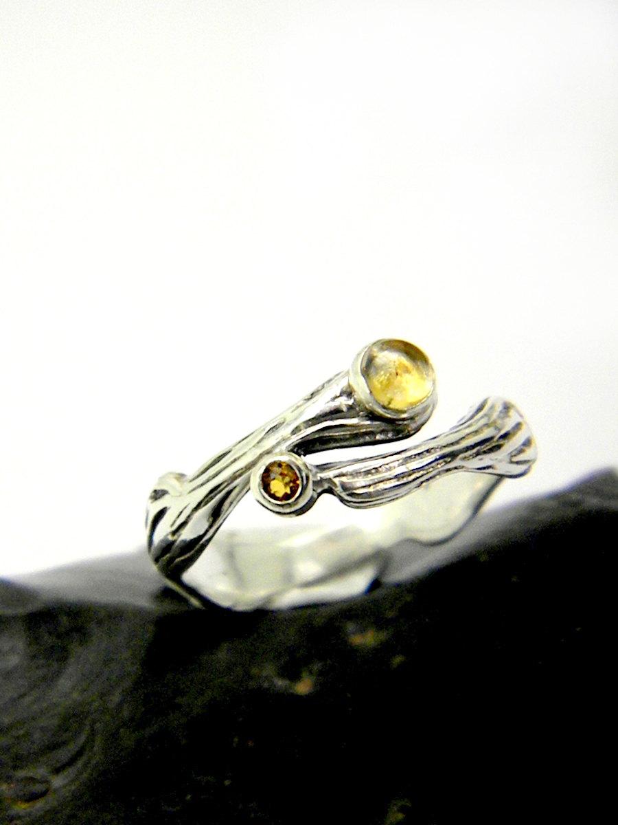Hochzeit - Citrine ring sterling silver natural citrine dual stone branch ring, twig stacking ring size 7.5, organic rustic band, November bithstone
