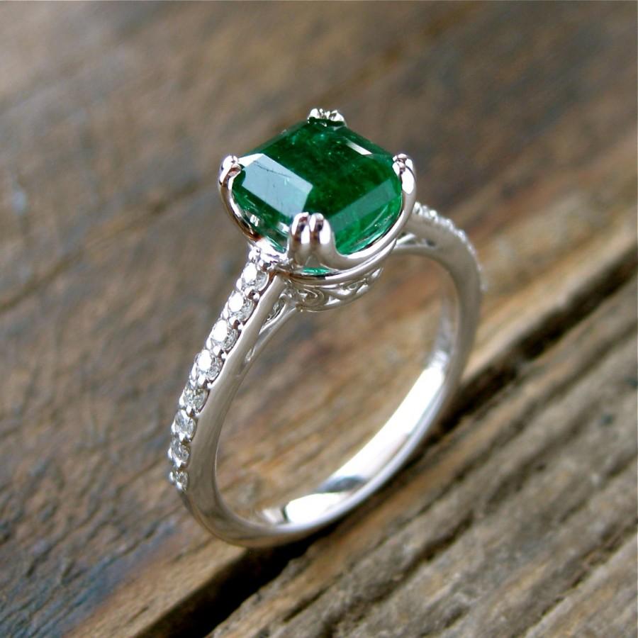 Wedding - Emerald Engagement Ring in 14K White Gold with Diamonds Scrolls and Double Claw Prongs Size 6