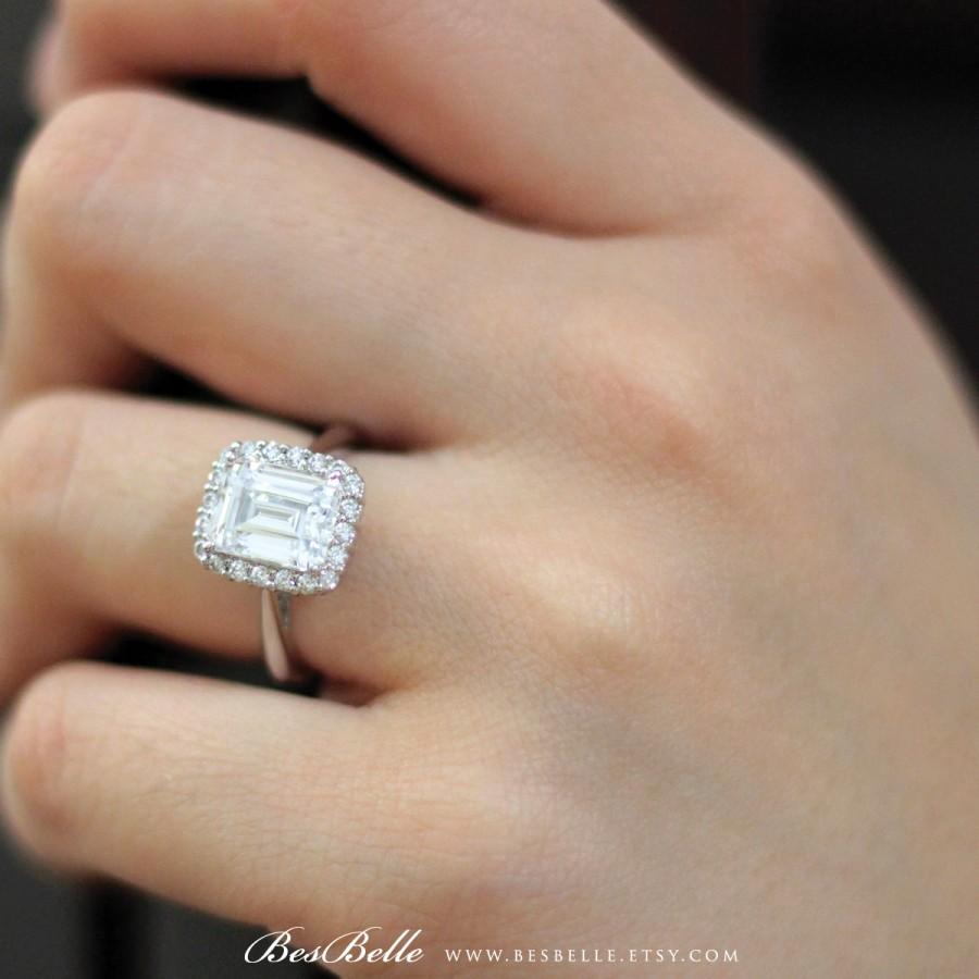 Wedding - 2.70 ct Art Deco Halo Engagement Ring-Emerald Cut Diamond Simulants-Bridal Ring-Wedding Ring-Promise Ring-Solid Sterling Silver [5051]