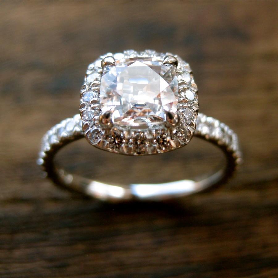 Wedding - Natural White Sapphire Engagement Ring in Platinum with Diamonds in Halo-Style Setting Size 6