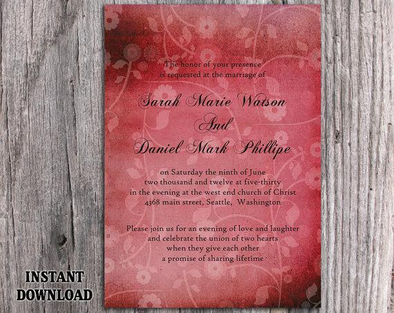 Mariage - DIY Rustic Wedding Invitation Template Editable Word File Download Printable Invitation Wine Red Invitation Vintage Floral Invitation