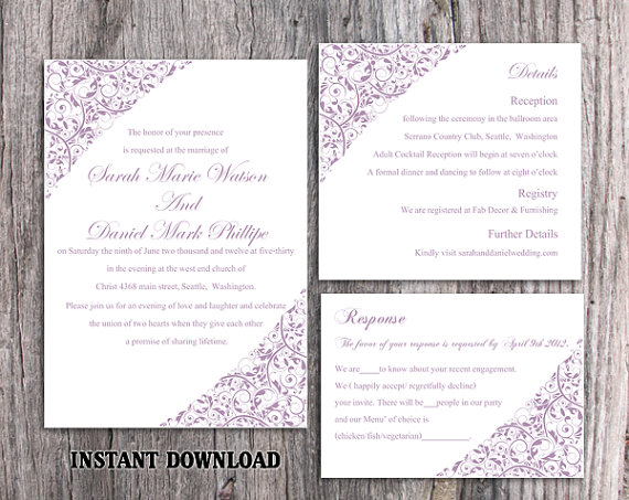 Wedding - DIY Wedding Invitation Template Set Editable Word File Instant Download Printable Invitation Lavender Wedding Invitation Floral Invitation